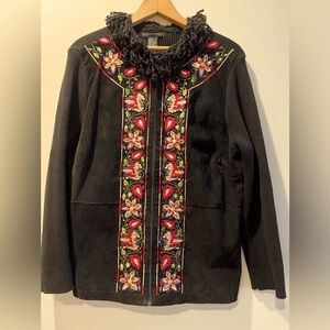 Leather Knit Black Boho Y2K Floral Embroidered FullZip Jacket Vtg M